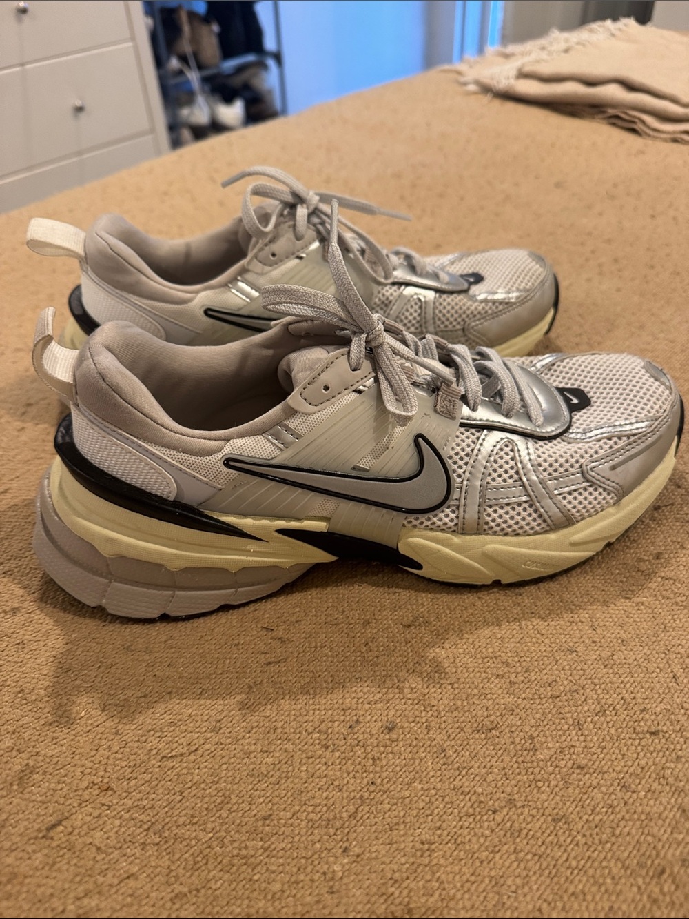 Nike Women's Silver Mesh Sneakers with Cream and Black Accents